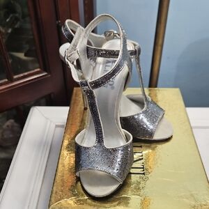 Bruno Valenti Silver Glitter Open Toe Ankle Strap Heels Size 5.5M